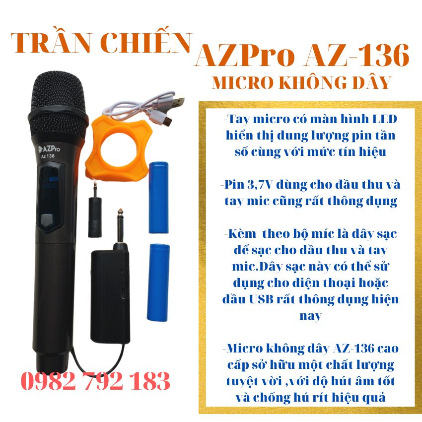 Micro AZPRO AZ-136 ,bộ 1mic không dây bluetooth karaoke cho loa kéo âm ly