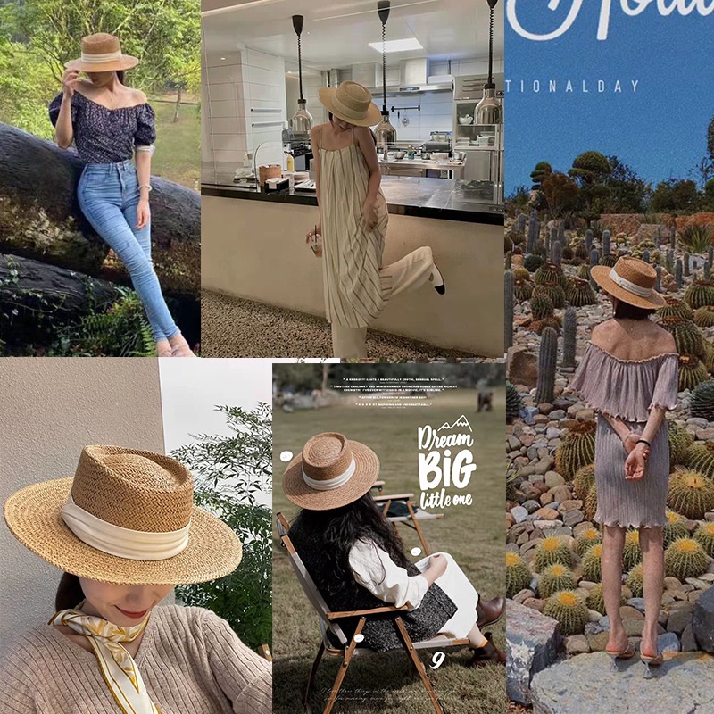 Mũ rơm vành rộng có dây màu trắng thời trang nữ tính mùa hè