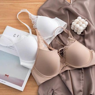 Áo ngực cài trước trơn phối ren ôm sát ngực combo áo kèm quần ren chuẩn form màu trắng