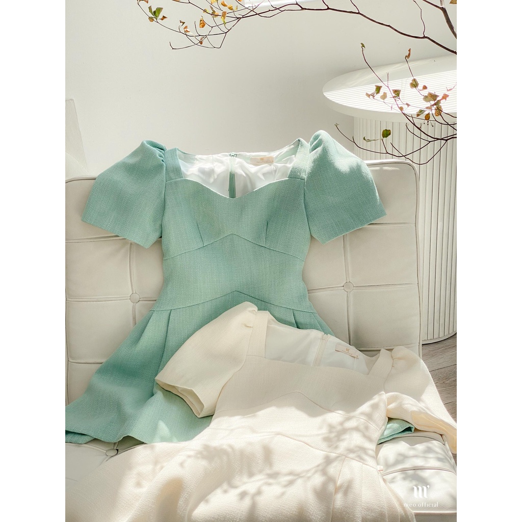 Đầm nữ thiết kế Méo shop cổ vuông tay bồng dáng xòe Petanly