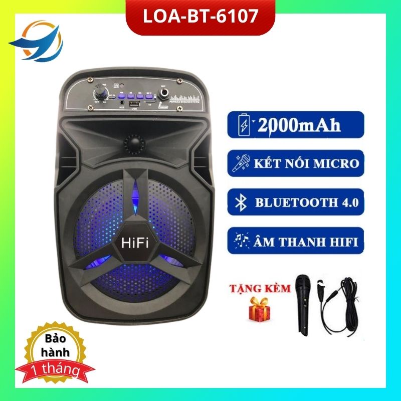 Loa bluetooth LOA-BT-6107 tặng kèm Micro hỗ trợ chức năng FM kết nối thẻ nhớ TF cổng USB dây AUX Karaoke Remote điều khi