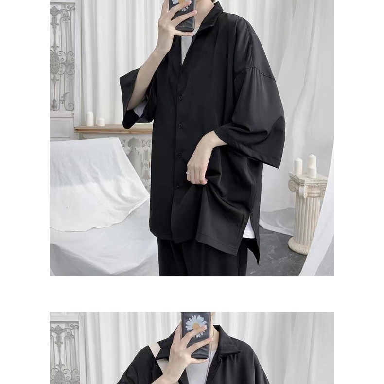 Áo Sơ Mi Nam Dài Tay Màu Đen Dáng Rộng Phong Cách Đường Phố Nhật Hàn Cá Tính