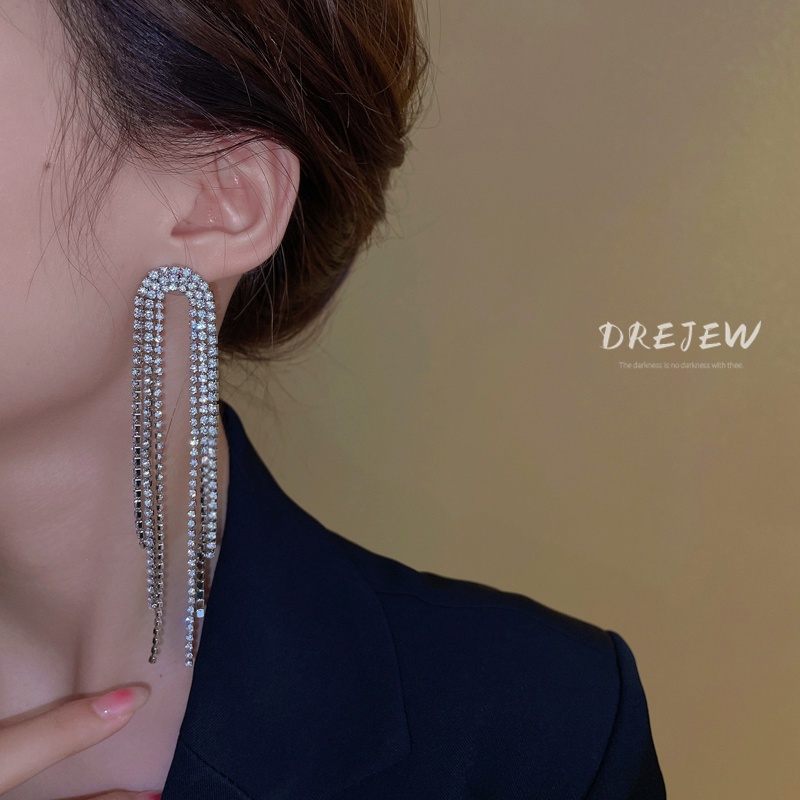 DREJEW Khuyên tai bạc 925 dáng dài phối tua rua đính đá phong cách Hàn Quốc thời trang