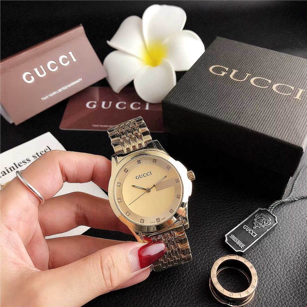 Đồng Hồ Đeo Tay Gucci Mặt Tròn Dây Da Phối Thép Không Gỉ Thời Trang Cho Cặp Đôi