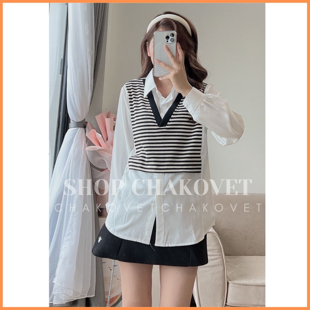 Áo Sơ Mi Nữ Dài Tay Ulzzang A8515 kiểu Áo Cách Điệu Giả Len Mongtoghi Kẻ Ngang Nhiều Màu Sành Điệu Cực Xinh - CHAKOVET