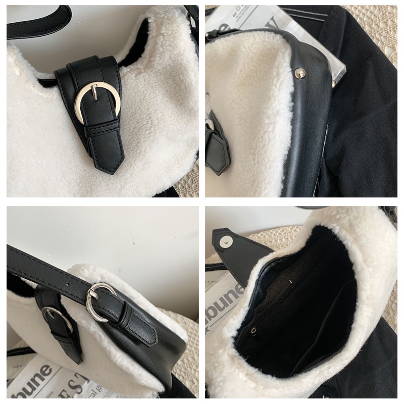 Túi Xách Da PU + Nhung Lông Cừu Phối Khóa Kim Loại Màu Trắng Đen Thời Trang Cho Nữ