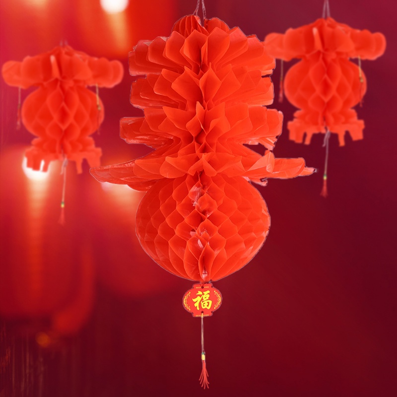 Lồng Đèn Giấy Tổ Ong Bằng Nhựa Màu Đỏ Không Thấm Nước Trang Trí Năm Mới