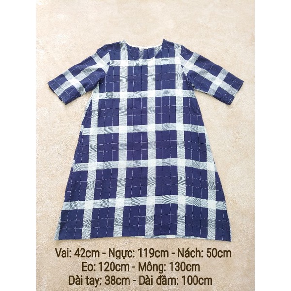 Đầm của Hàn cổ tròn form rộng kẻ carô trắng + xanh navy tay lỡ (Không kèm thắt lưng) (Secondhand/Used/Si tuyển)