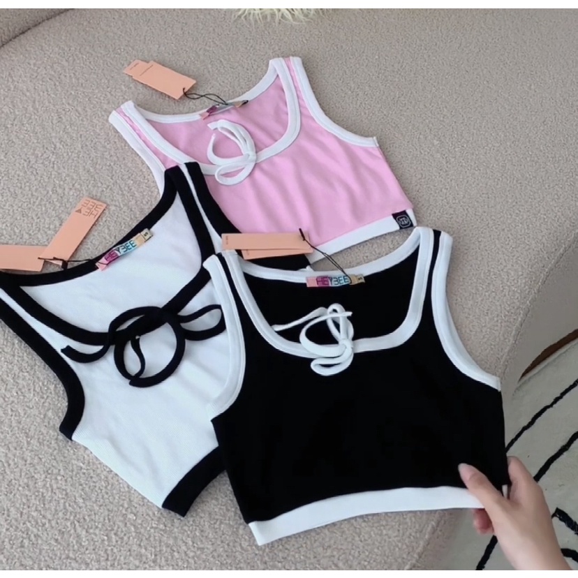 Áo thun croptop HEYBEE phối viền màu có nơ  - HAT11