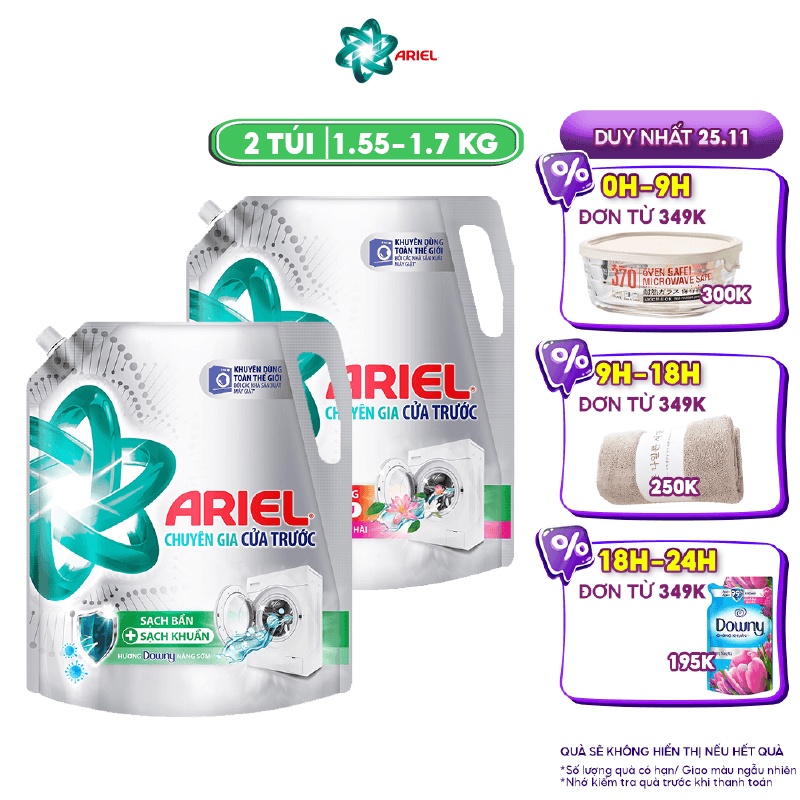 Combo 2 Túi Nước Giặt Ariel Cửa Trước Nhiều Mùi Hương Túi 1.7kg/1.55kg