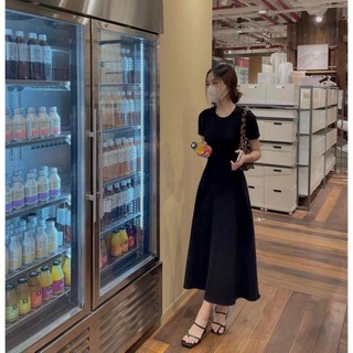 Đầm maxi cổ tròn, tay ngắn dáng xòe, đầm midi dáng dài
