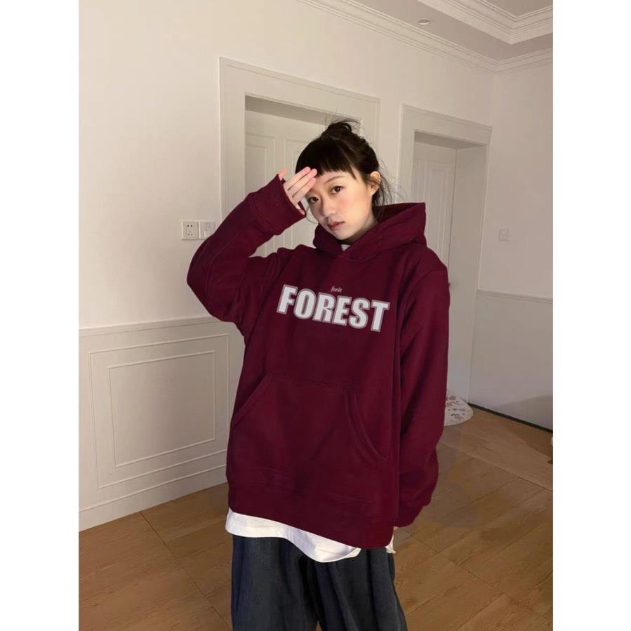 Áo hoodie FOREST MŨ 2 LỚP Chất liệu nỉ bôngform thụng nam nữ kiểu dáng unisexcó túi bụng và dây rút mũ mùa đông