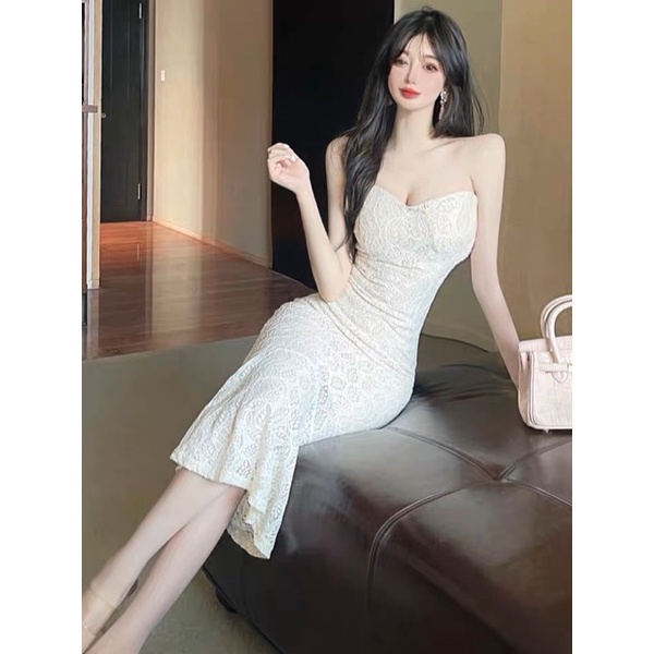 Váy Trắng Body Cúp Ngực Đuôi Cá Hàng Quảng Châu Chất Liệu Ren Dày Dặn - Qu.Clothing