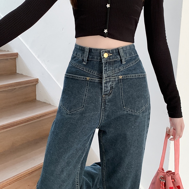 Quần jean dài SUXI lưng cao ống rộng màu trơn thời trang cá tính cho nữ