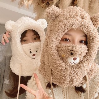 Mũ beanie trùm tai kèm khẩu trang dày dặn giữ ấm mùa đông in họa tiết hoạt hình gấu dễ thương