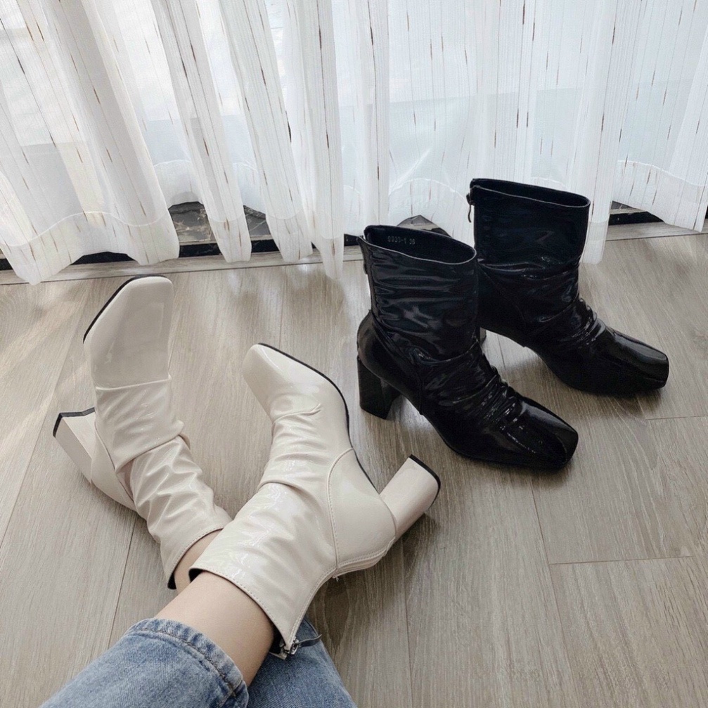 Bốt nữ cổ cao chất da bóng mũi vuông, bốt cổ lưng chất nhăn đế cao 7p thời trang thu đông