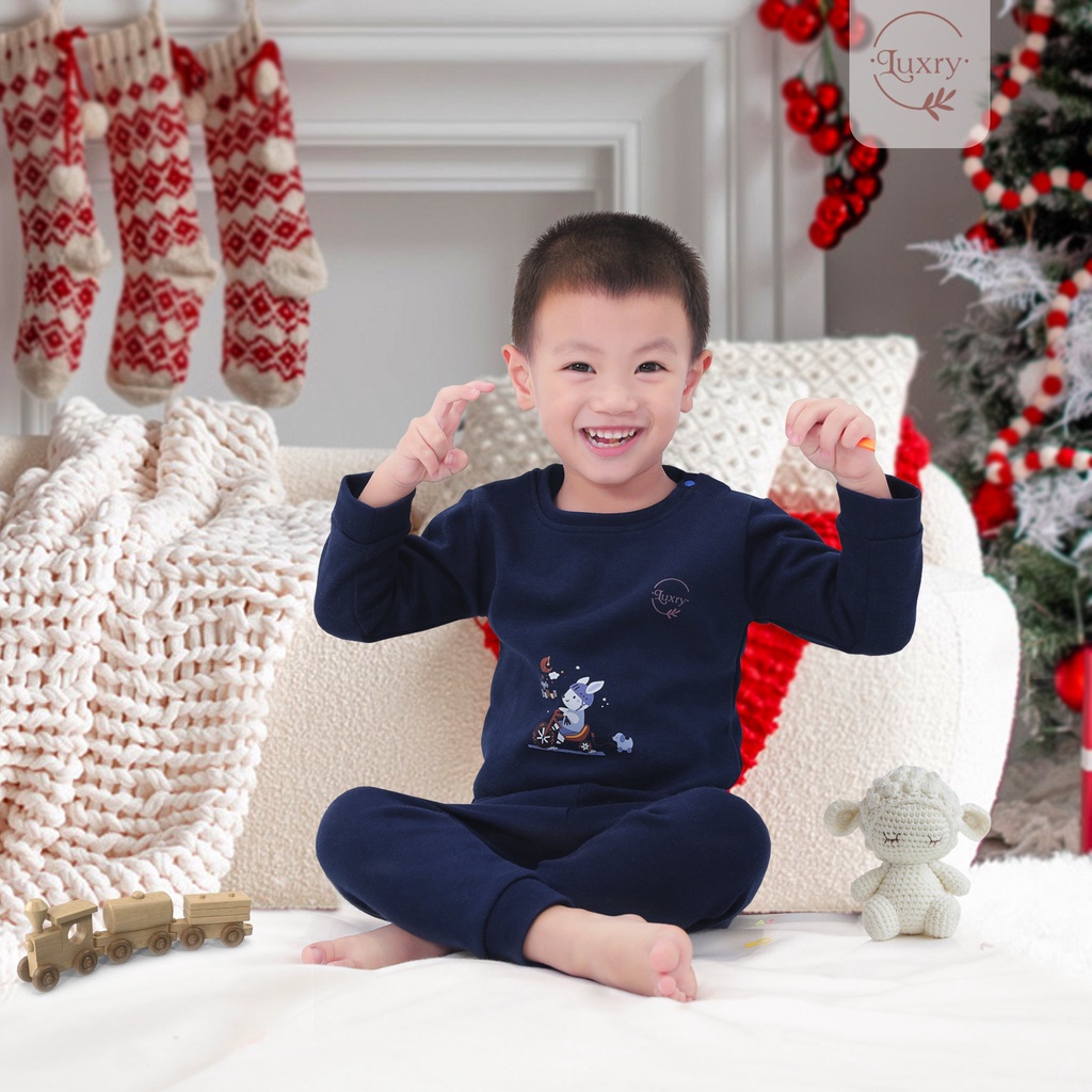 Bộ quần áo dài cài vai Luxry họa tiết thỏ xanh màu navy dày dặn đáng yêu cho bé từ 9 tháng đến 6 tuổi