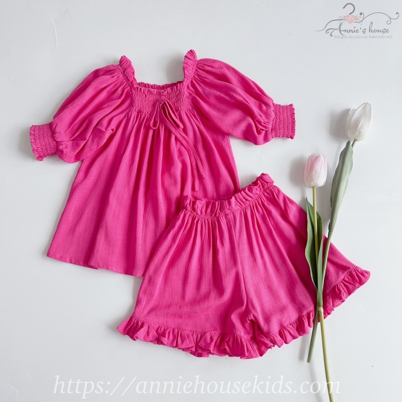 Đồ bộ bé gái Annie, bộ linen màu xanh vàng hồng cho bé từ 9-32kg