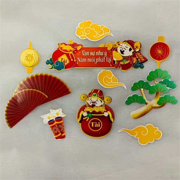 trang trí bánh Set que giấy thần tài+Quạt gói 2 bộ