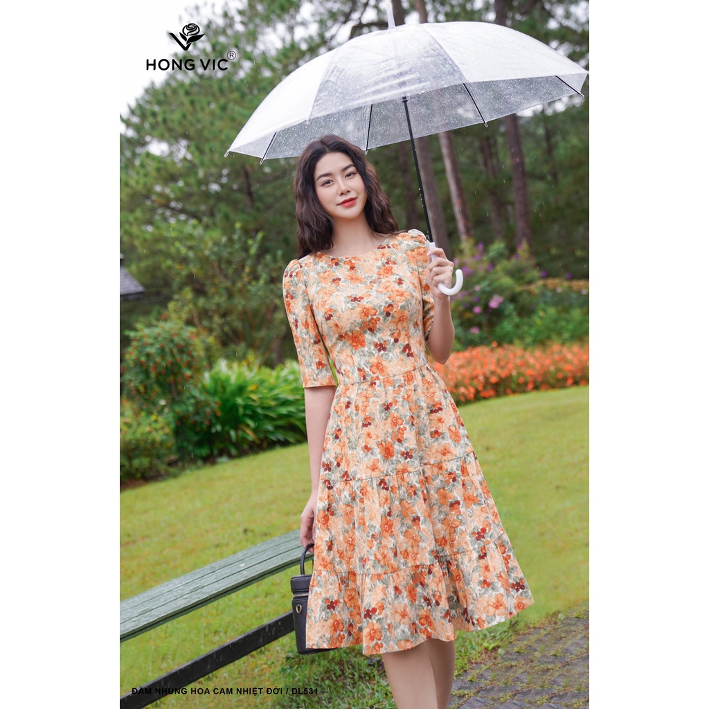 Đầm nữ thiết kế Hong Vic nhung hoa cam nhiệt đới DL531