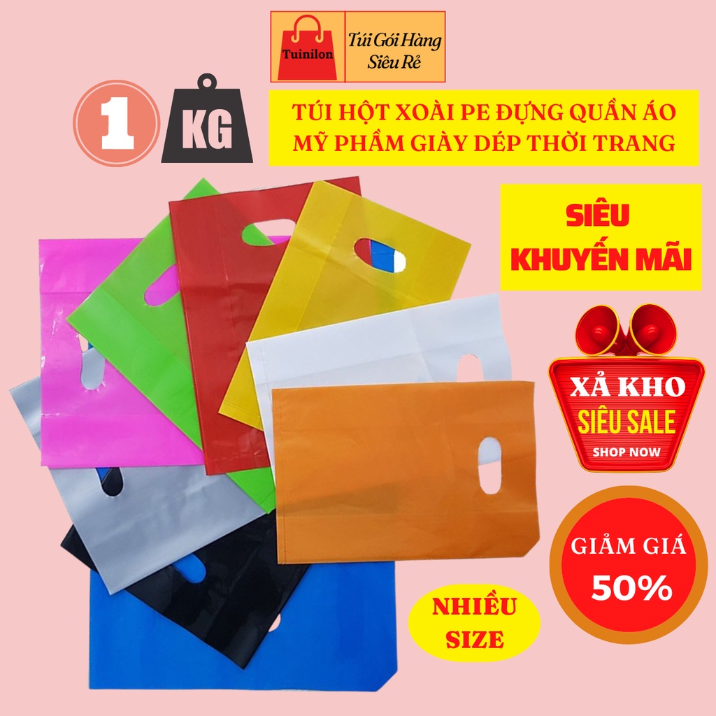 1Kg Túi Đóng Gói Hàng Ni Lông Hạt Xoài PE Tuinilon Quai Đục Lỗ Đựng Giày Dép Mỹ Phẩm Quần Áo Thời Trang
