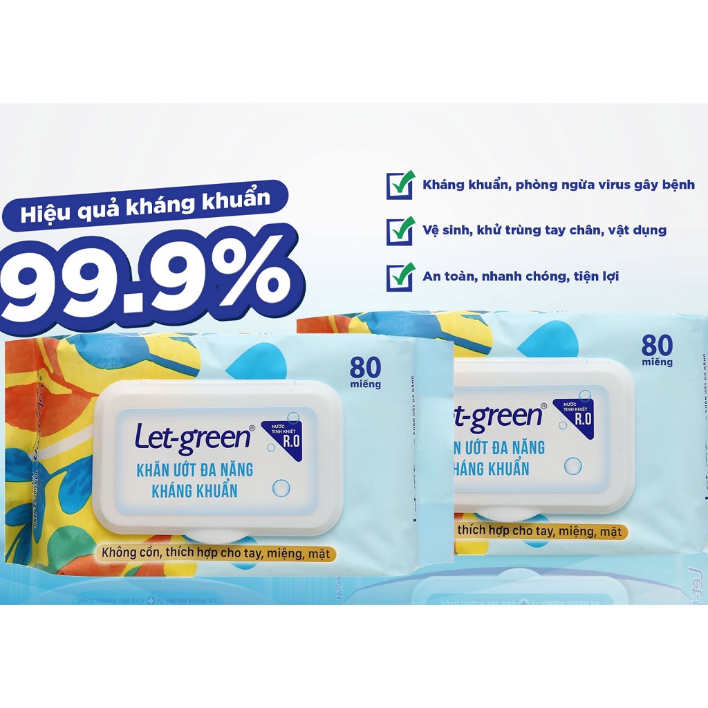 Khăn ướt đa năng Let-green kháng khuẩn gói 80 miếng