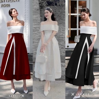 Đầm midi bẹt vai bản trắng phối viền xẻ đùi (Đỏ/Trắng/Đen)