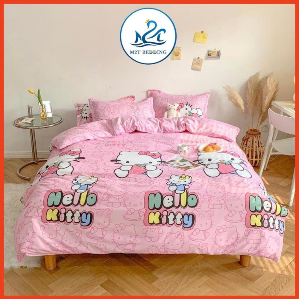 Bộ chăn ga gối Cotton poly M2T bedding, vỏ chăn mền, drap ga giường và 2 vỏ gối nằm - PL Mèo kitty !