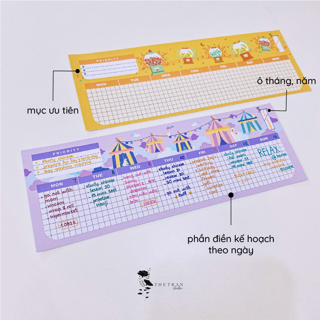 bộ 12 tờ giấy ghi chú kế hoạch tuần Half A5 chủ đề rạp xiếc / circus weekly planner / thetranstudio