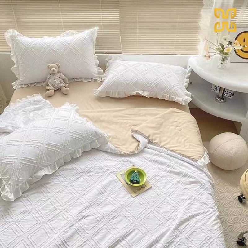 Freeship 🍀 Bộ chăn ga cotton đũi viền bèo đính hoa bi - set chăn chần 4 món - may ga theo yêu cầu - hàng nhập loại 1
