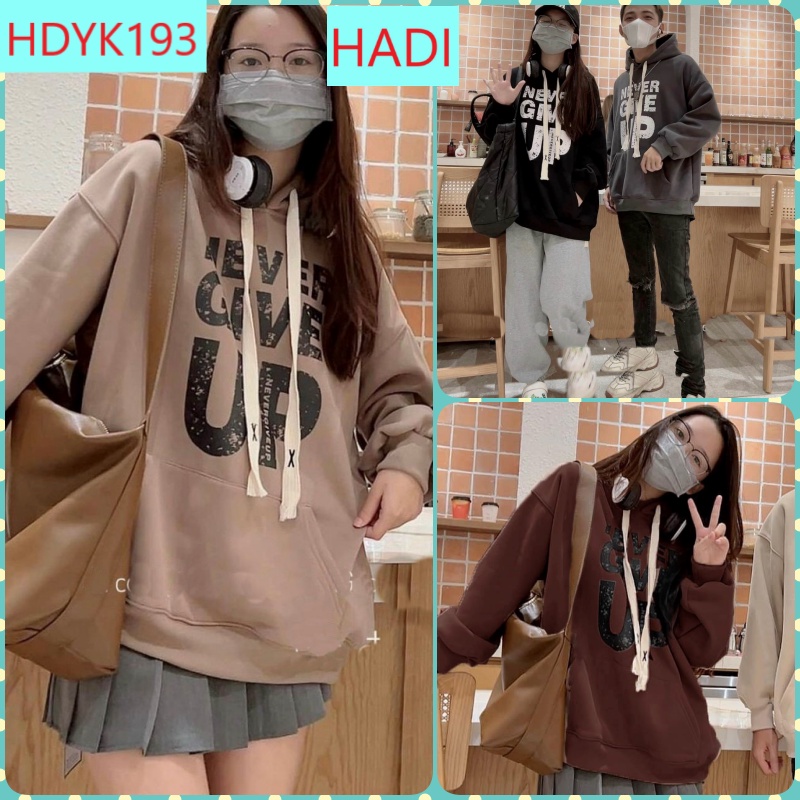 [HDYK193] ÁO KHOÁC HOODIE NỈ NGOẠI NỮ CHUI ĐẦU IN CHỮ NEVER GIVE UP MÀU ĐEN XÁM NHẠT ĐỎ KEM CÁ TÍNH HADI