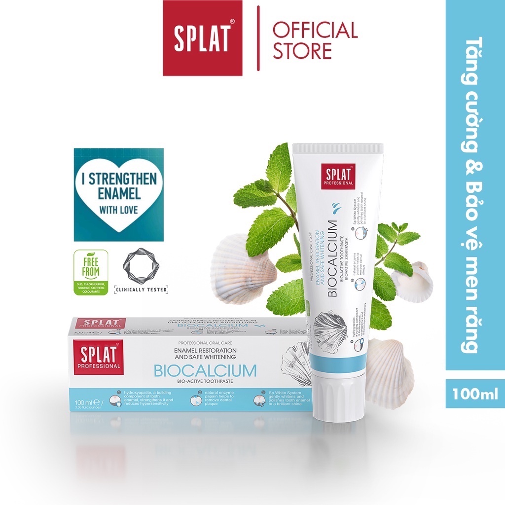 Kem đánh răng Splat biocalcium  củng cố men răng, giảm ê buốt, loại bỏ mảng bám, làm trắng nhẹ nhàng, không florua 100ml