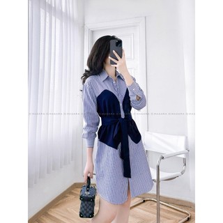 ĐẦM KẺ XANH PHỐI EO THẮT NƠ