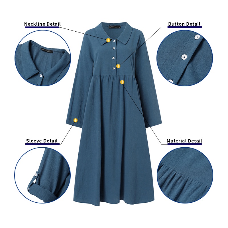 Zanzea Đầm Nữ Dài Tay Cổ Bẻ Form Rộng Thời Trang Hàn