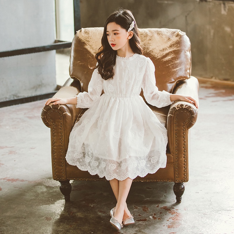 Đầm cotton Trắng Tay Dài Phối Ren Thời Trang Cho Bé Gái 2-16 Tuổi