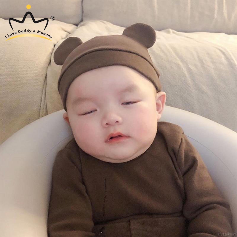 Mũ Beanie Màu Trơn Mềm Mại Thoáng Khí Đính Tai Gấu Hoạt Hình Dễ Thương Cho Bé Sơ Sinh