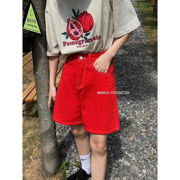 Quần Short denim Ống Rộng Lưng Cao Màu Đỏ Phong Cách retro Mỹ Thời Trang Mùa Hè Cho Nữ