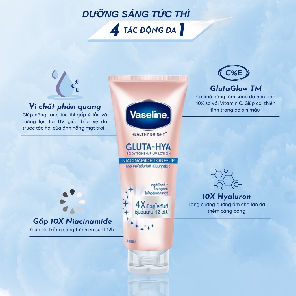 Sữa dưỡng thể Vaseline 4X Gluta-HYA nâng tông tức thì 300ml Healthy Bright Gluta-Hya Body Tone-Up Lotion