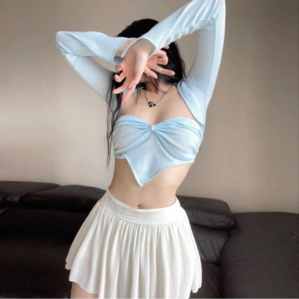 Áo croptop tay dài PINKSTORE29 vạt nhọn cổ hở quyến rũ A5493