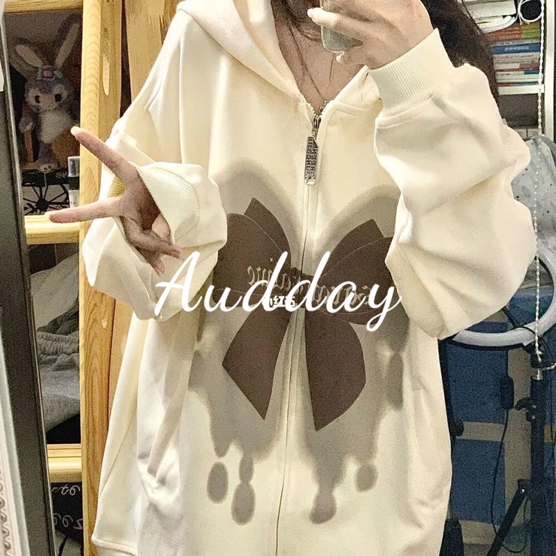 Audday Áo Khoác Nỉ Dáng Rộng Ngoại Cỡ Có Mũ Trùm Phối Nơ Cổ Điển Cho Nữ