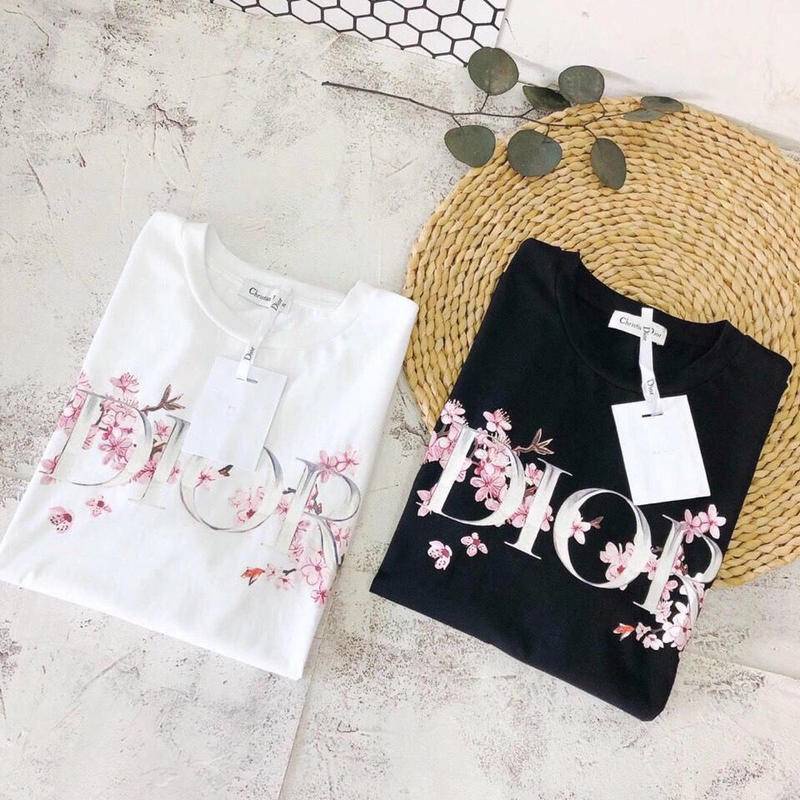 Áo Sơ Mi DIOR Vải Cotton Cổ Tròn Tay Ngắn Dáng Rộng Họa Tiết Hoa Màu Hồng Phong Cách Âu Mỹ Chất Lượng Cao Cho Nam Và Nữ
