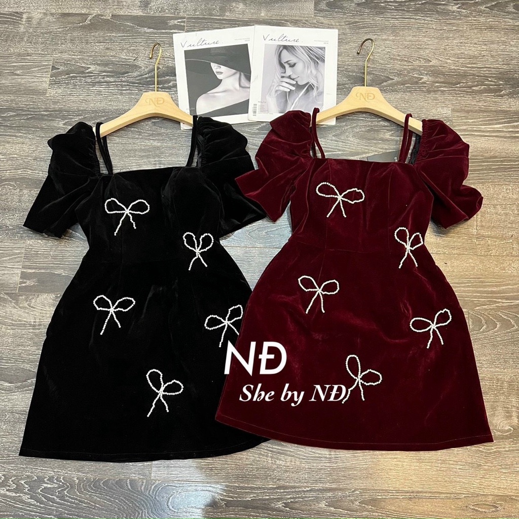 ĐẦM NHUNG TAY PHỒNG ĐÍNH NƠ ĐÁ 2M