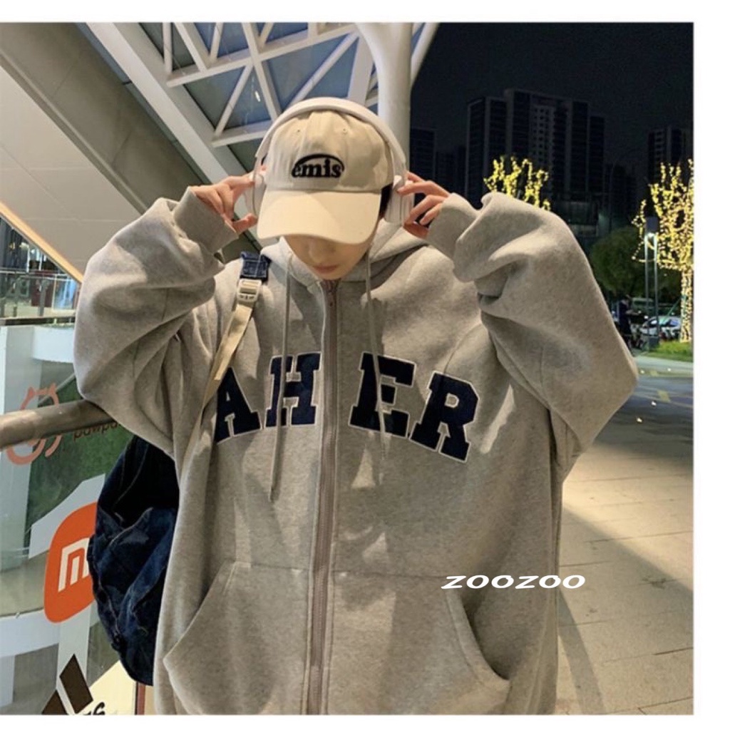 Áo khoác hoodie nỉ bông dây kéo AHER form rộng unisex nam nữ Zoozoo ulzzang