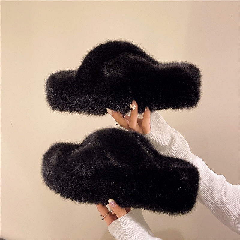 Dép Bông Đi Trong Nhà Đế Dày 5cm/4cm Phối Lông Nhung Thời Trang Thu Đông Mới Cho Nữ