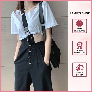 Quần yếm jean ống đứng cài nút đai chéo hot trend