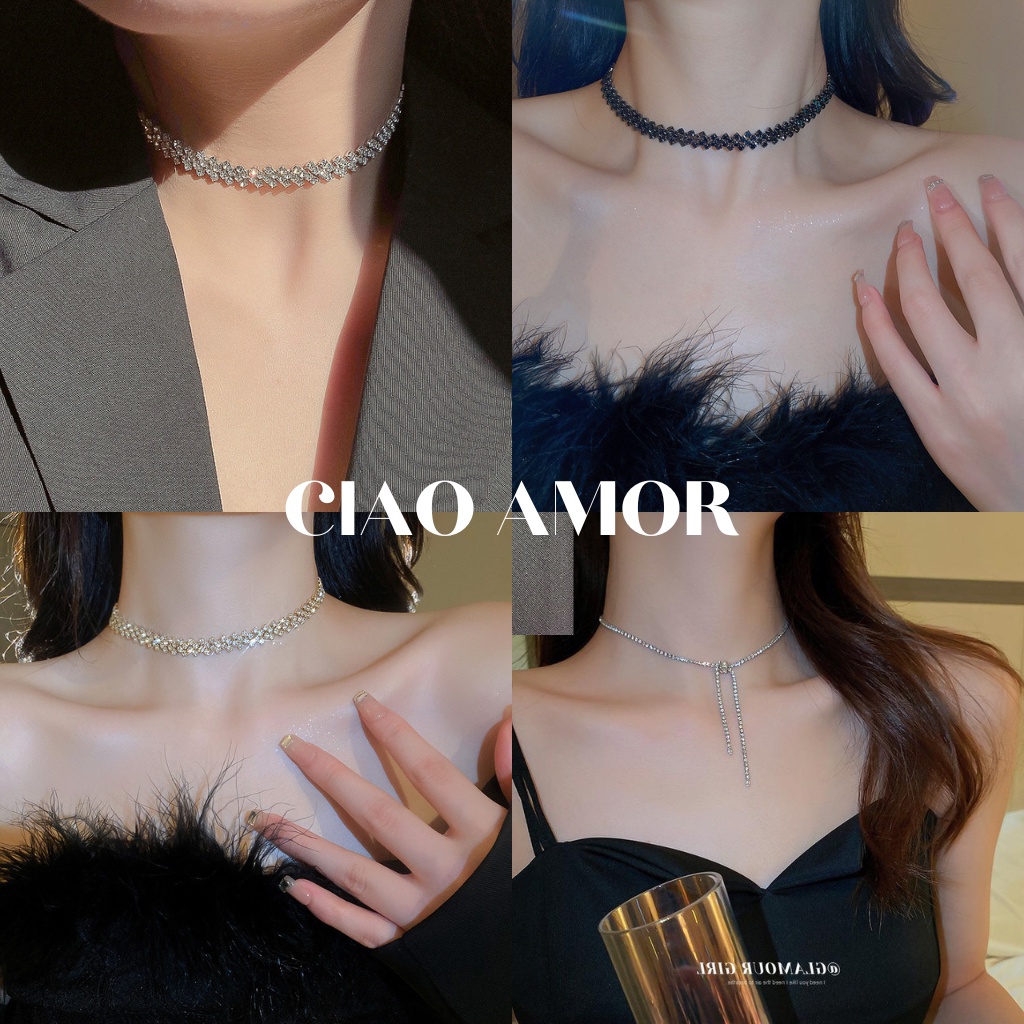 Vòng cổ choker đá, Dây chuyền nữ đá lấp lánh dự tiệc sáng trọng bling Trang sức Ciao Amor
