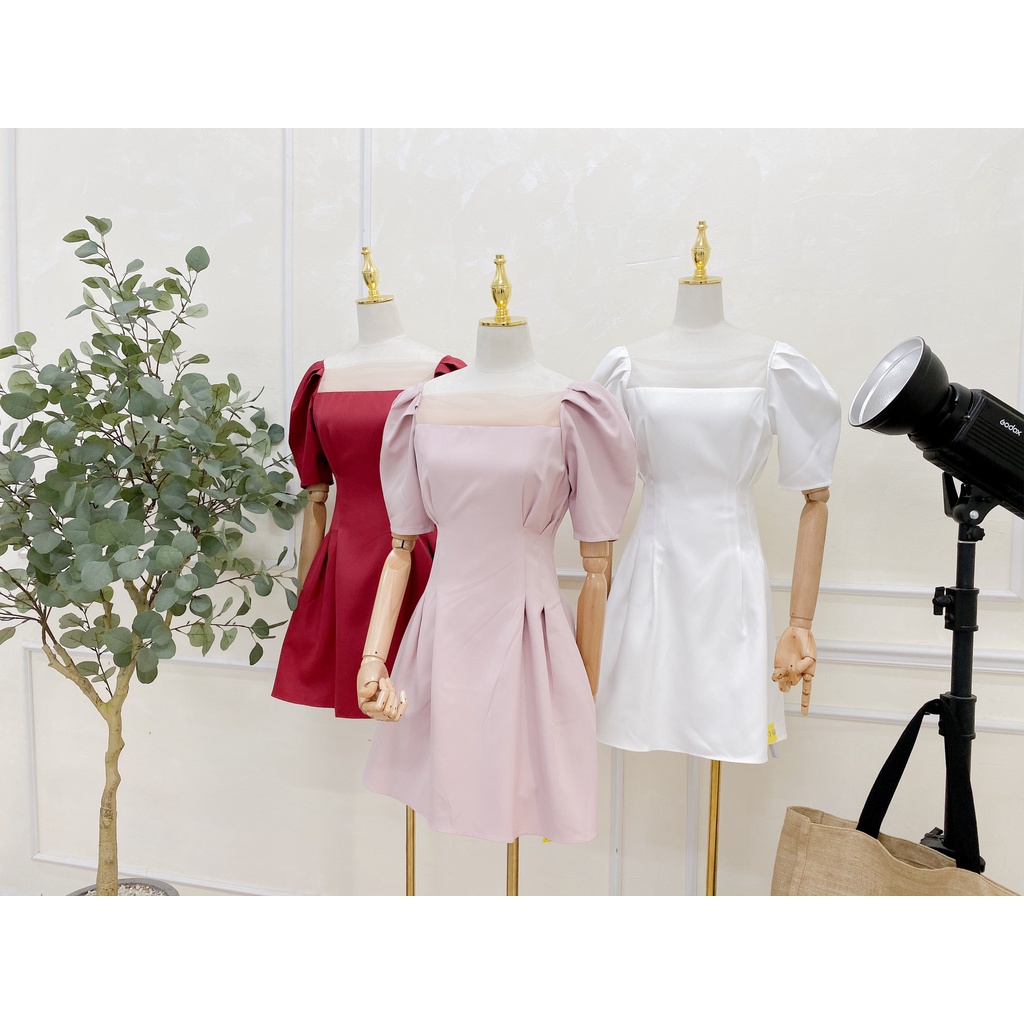 Đầm cổ vuông phối lưới tầng, Céci Store