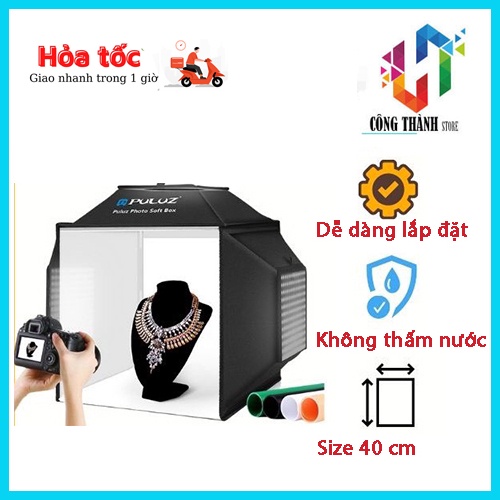 Hộp chụp ảnh sản phẩm PULUZ CHÍNH HÃNG size 40CM cao cấp 3 mặt đèn LED -Tặng 4 bảng màu chất LIỆU NHỰA PVC