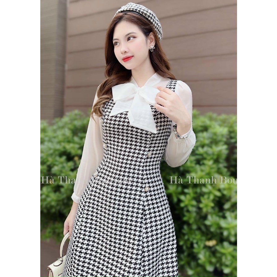 Váy đầm nữ thanh lịch áo tay voan phối nơ cực xinh họa tiết dáng xòe kẻ karo đính nút quý phái dự tiệc