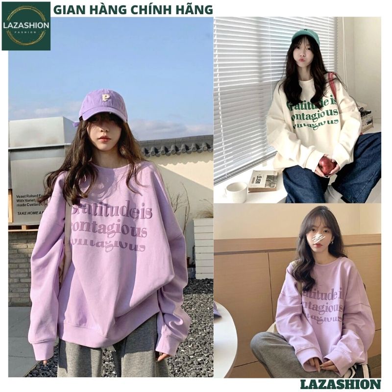 Áo Sweater nỉ bông mặc đôi unisex, Áo hoodie nỉ nam nữ in chữ nhiều form rộng ulzzang hàn quốc màu tím, trắng - LAZASHIO